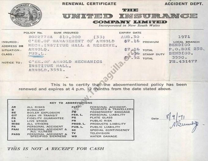 Arnold Public Hall Insurance Renewal 1971