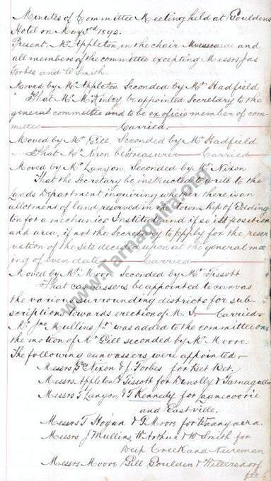 Minutes of first meeting to establish Eddington Mechanics' Institute 3 May 1892 (1)