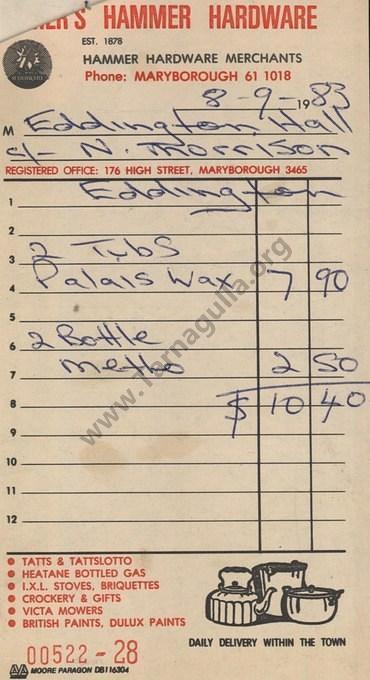 Fisher's Hammer Hardware Invoice 1983