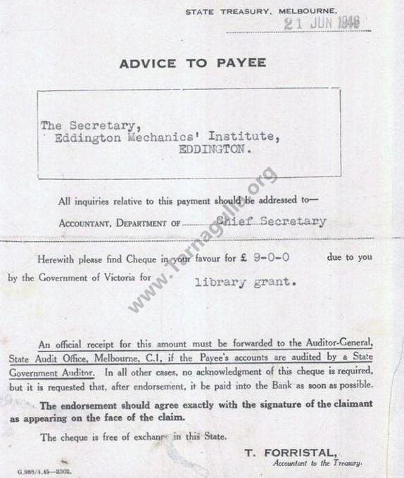 Advice of Library Grant to Eddington Mechanics' Institute 21 June 1948