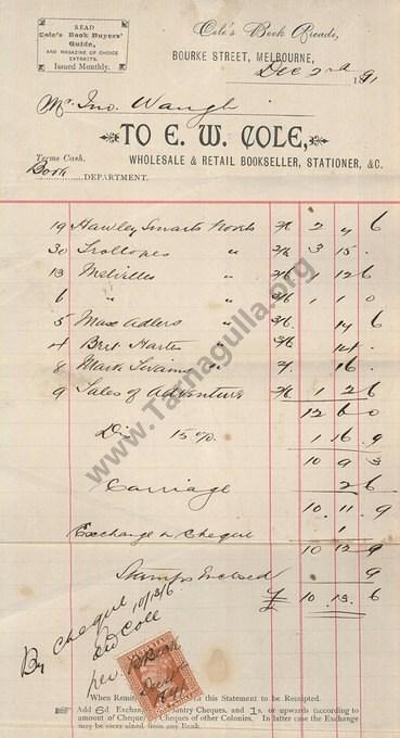 Invoice from E.W.Cole of Coles Book Arcade  2 December 1891