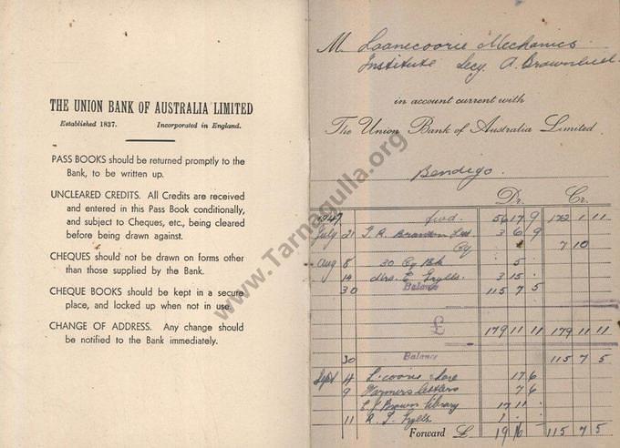 Laanecoorie Mechanics' Institute Passbook with The Union Bank of Australia  Limited  Bendigo 1947