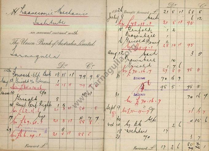 Laanecoorie Mechanics' Institute Passbook with The Union Bank of Australia  Limited Tarnagulla 1926