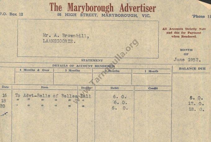 The Maryborough Advertiser  Statement for Ball Advertisements  June 1952