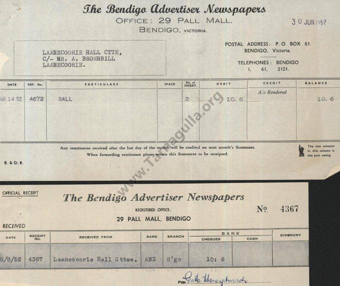 Bendigo Advertiser Ball Advertisement  Invoice 30 June 1952