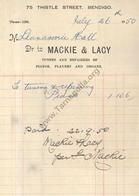 Invoice of Mackie & Lacy for piano tuning 26 July 1950