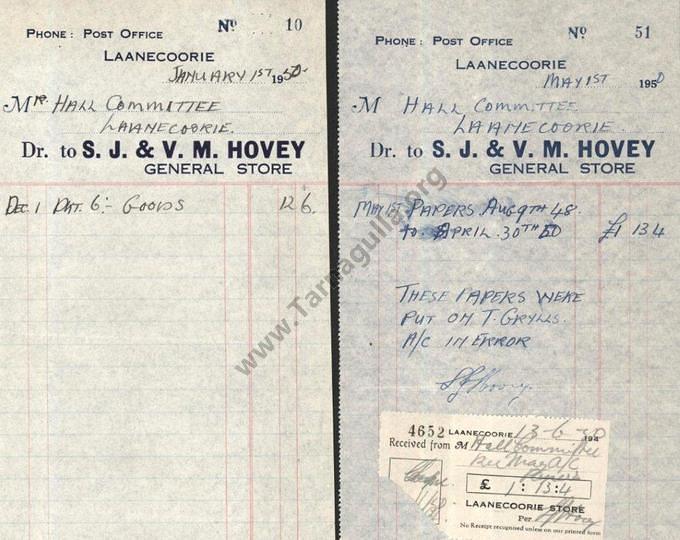 Invoices of SJ & VM Hovey, General Store Laanecoorie 1 January 1950 and 1 May 1950