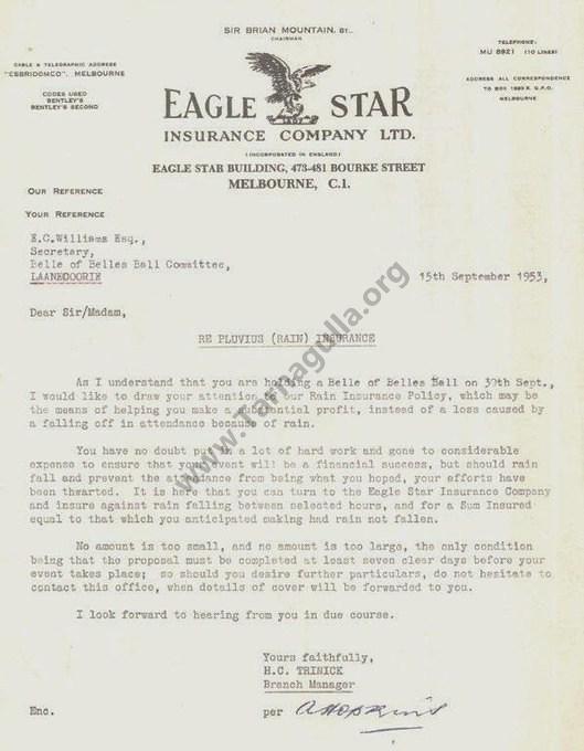 Eagle Star Insurance Company Ltd. Proposal for Pluvius (Rain) Insurance  15 September 1953
