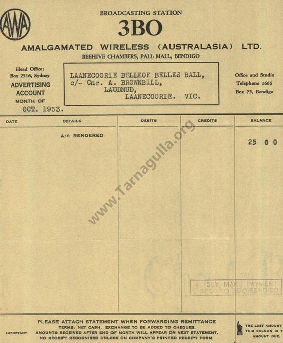 Account from AWA(Australasia) Ltd 3BO Broadcasting Station October 1953