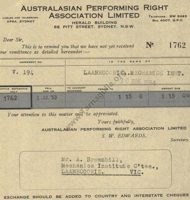 Invoice from Australian Performing Right Association Limited 30 June 1953