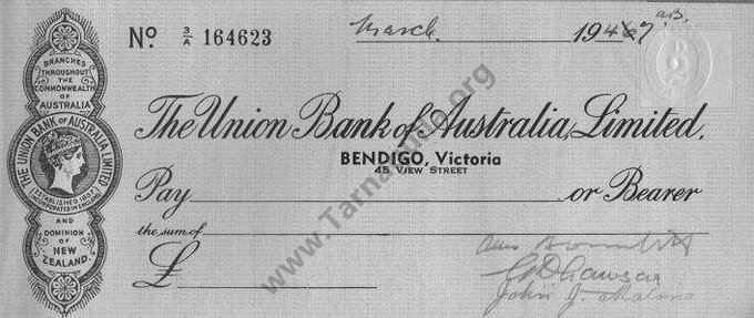 Cheque The Union Bank of Australia Limited 1947