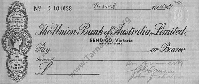 Cheque The Union Bank of Australia Limited 1947