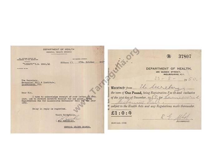 Department of Health Registration and Receipt for Laanecoorie Mechanics' Hall 1950
