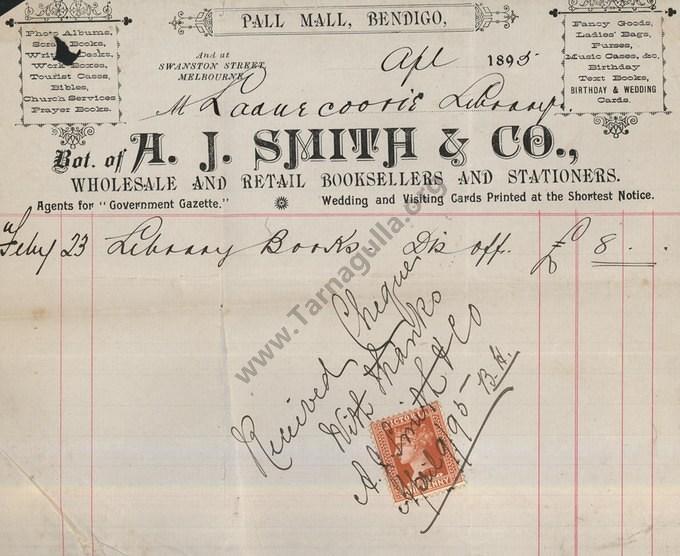 Invoice of A. J. Smith & Co Booksellers, Bendigo April 1895