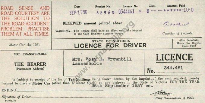Mrs Rosy Brownbill's Drivers Licence 1956