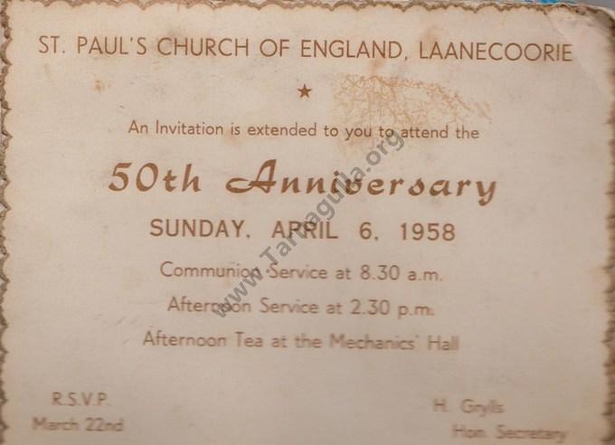 St Paul's Church of England, Laanecoorie, 50th Anniversary 6 April 1958