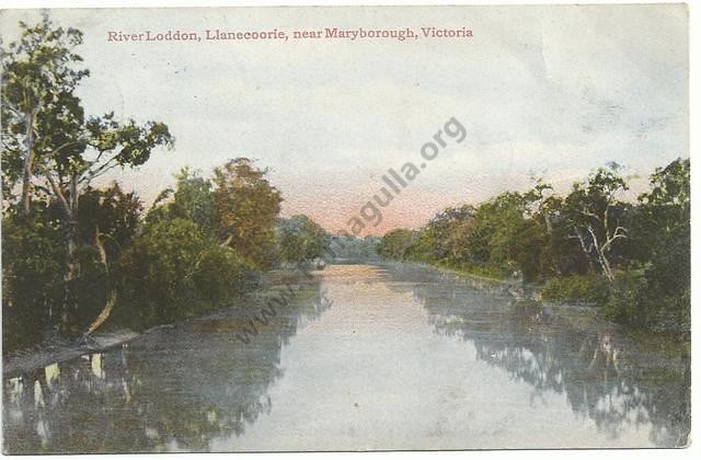 A Postcard dated 1907 and captioned "River Loddon, Llanecoorie, near Maryborough, Victoria". Note the mis-spelling of Laanecoorie.
David Gordon Collection