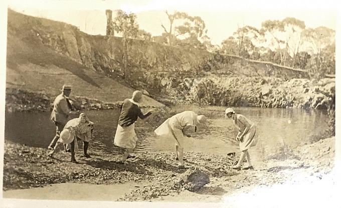 Fotheringhams at the dredge dam, mid-1920s.