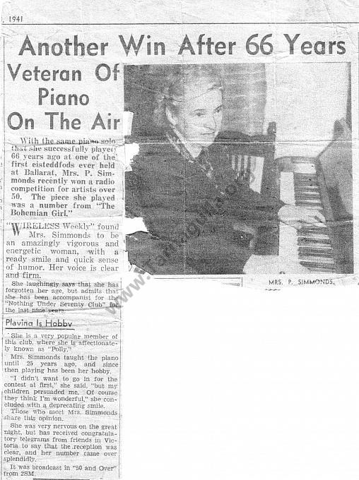 Polly Symonds- piano award. Newspaper clipping.