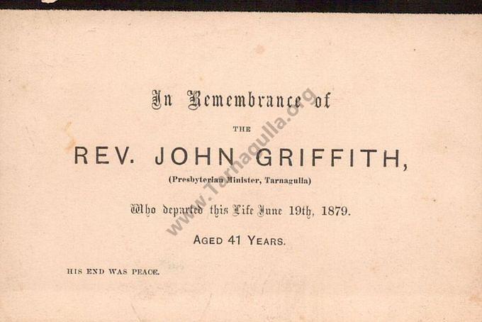 Remembrance Card Rev John Griffith 1879