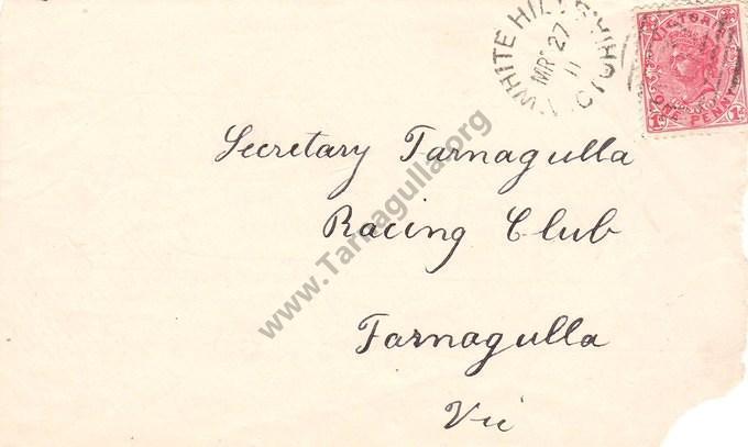 Envelope addressed to Tarnagulla Racing Club 27 March 1911