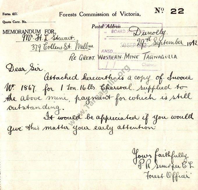 Invoice from Forests Commission Victoria to Great Western Mine, Tarnagulla 29 September 1942