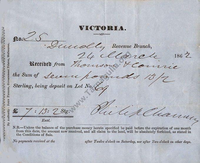 rown Land Auction receipt for purchase of Lot No. 69 at Waanyarra 24 March 1862