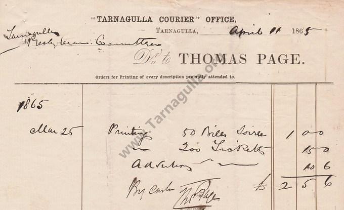 Invoice Thomas Page to Presbyterian Church 11 April 1865