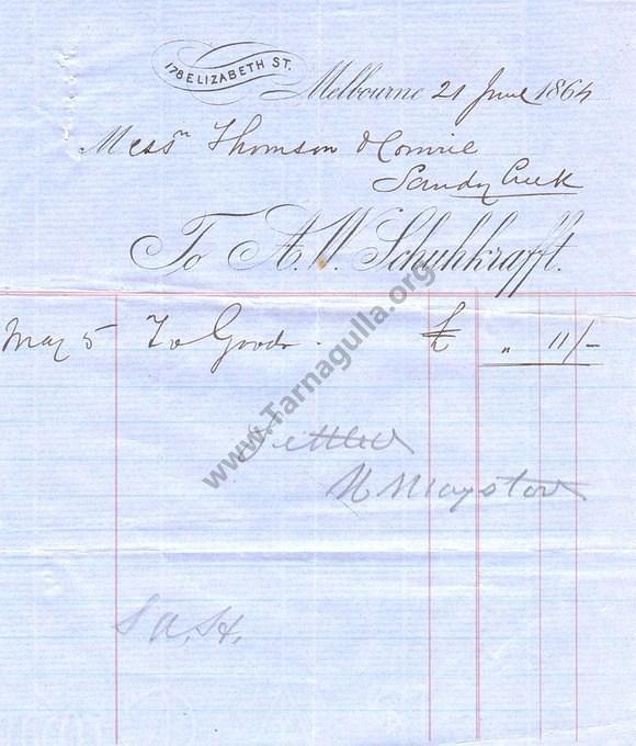 Invoice from A. W. Schuhkrafft to Thomson & Comrie, Sandy Creek 21 June 1864
