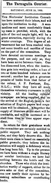 Editorial on opening of Tarnagulla Mechanics' Institute 24 June 1865
