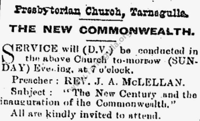 Tarnagulla Presbyterian Church Advertisement Sermon on The New Commonwealth  5 January 1901