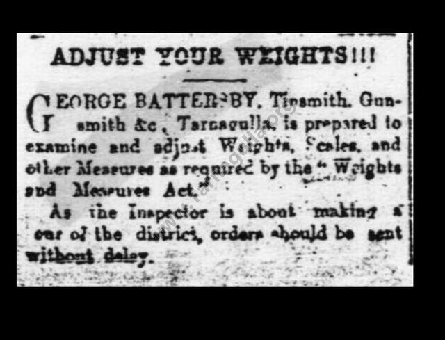 George Battersby Advert
        Tarnagulla Courier 
         14 October 1871