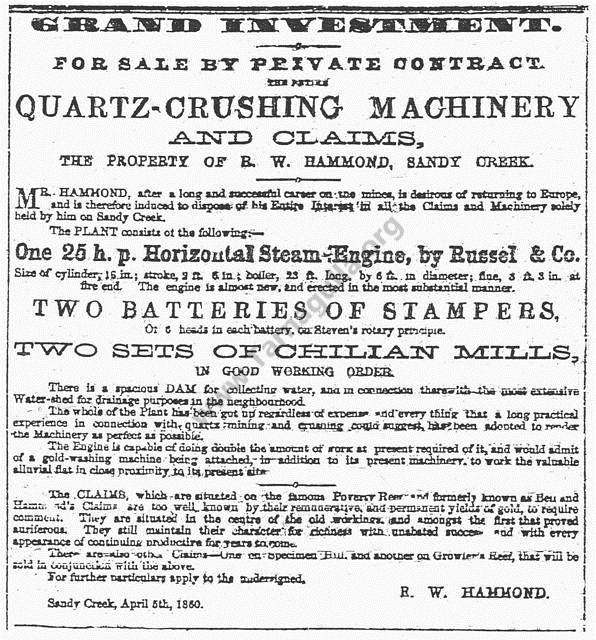 R.W.Hammond's Mining Interests, 1862.