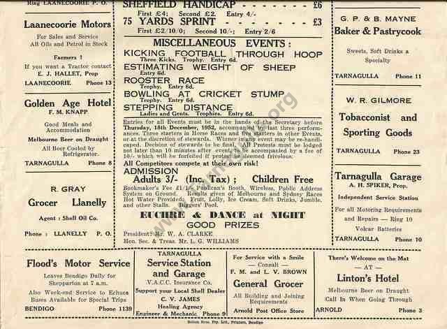 Second half of Programme for the 1952 Tarnagulla Boxing Day Sports.
From the Win and Les Williams Collection.