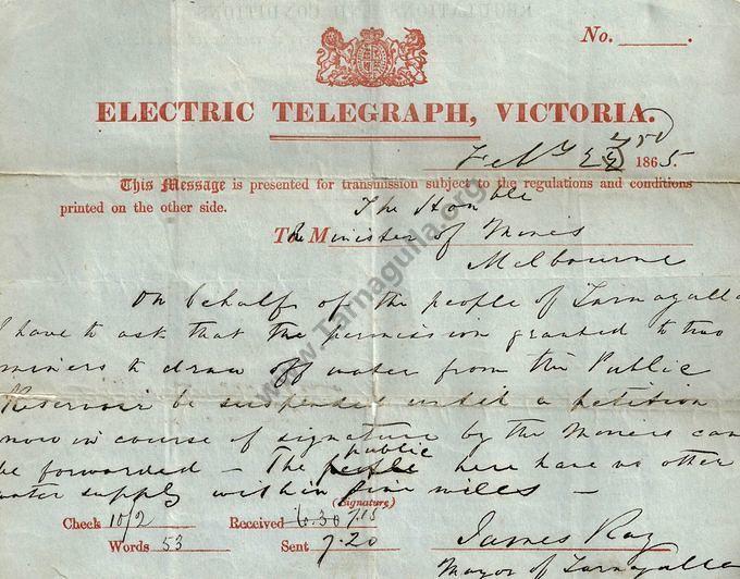 Telegram From Tarnagulla Mayor, 1865