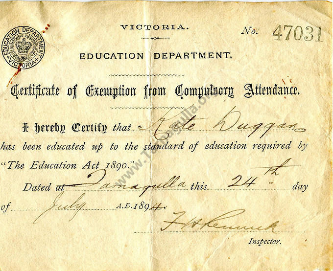 Certificate of Education for Kate Duggan, 1894