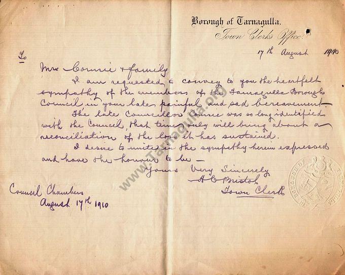 Borough of Tarnagulla letter of condolence  to Comrie Family 1910