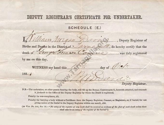Registrar of Births and Deaths Certificate for Undertaker 13 October 1884
