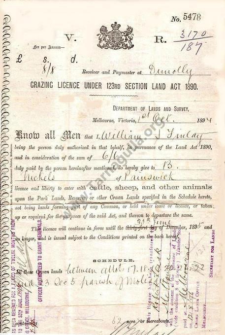 Grazing Licence dated 1 October 1894 over 52 acres at Moliagul