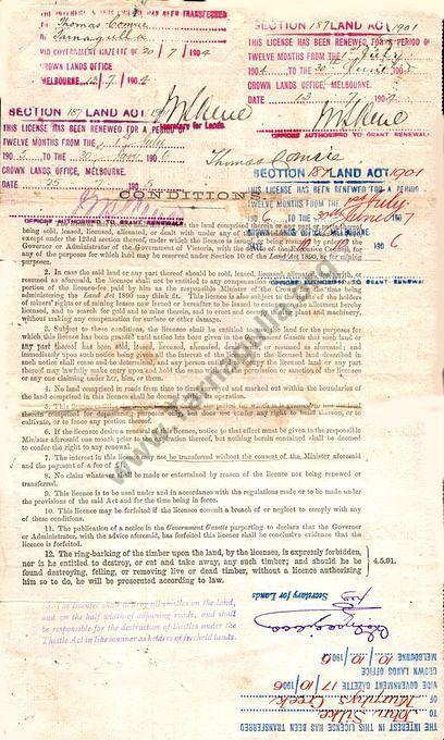 Grazing Licence (Reverse) dated 1 October 1894 over 52 acres at Moliagul