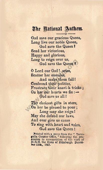 Copy of National Anthem handed out on visit of H.R.H. Duke of Edinburgh 11 December 1867