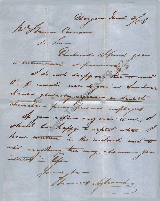Letter Thomas Aylward to Thomas Comrie 2 March 1856