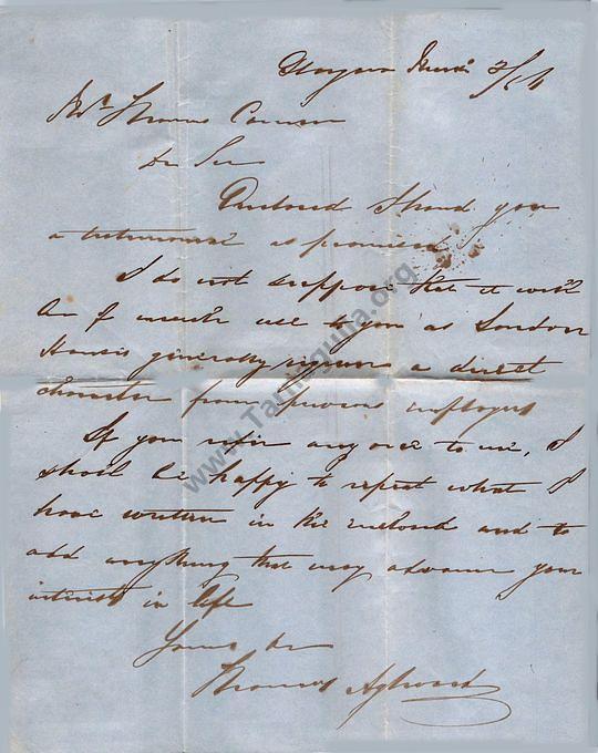 Letter Thomas Aylward to Thomas Comrie 2 March 1856