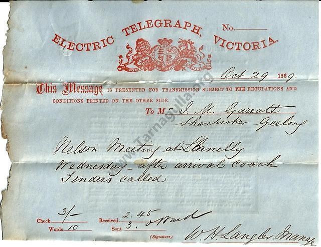 Telegram regarding the Nelson Mine, Llanelly, 1869.