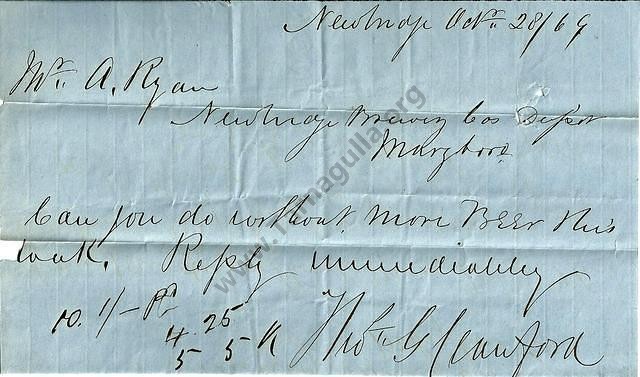 Telegram regarding the Newbridge Brewery, 1869.