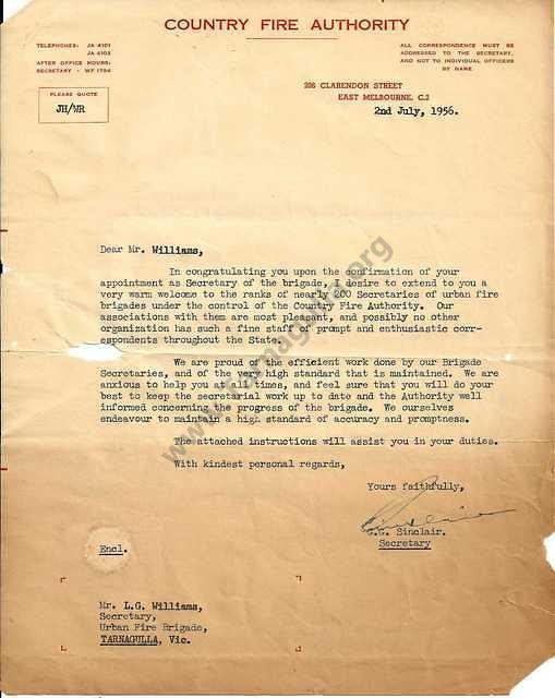 Letter dated 1956 from CFA to Les Williams.