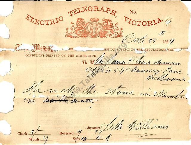 Telegram relating to mining on Greek's Hill, Tarnagulla.