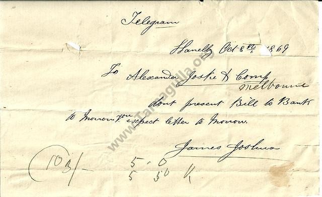 Telegram regarding Joshua's Brittania Hotel, Llanelly.