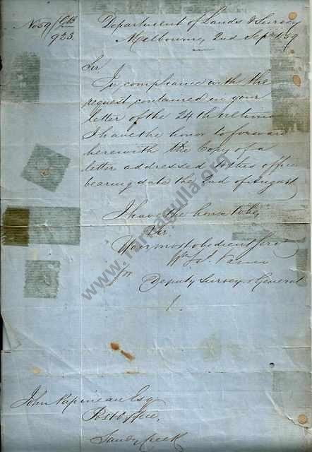 Historic letter,  2 Sep 1859 from Postmaster, Sandy Creek.