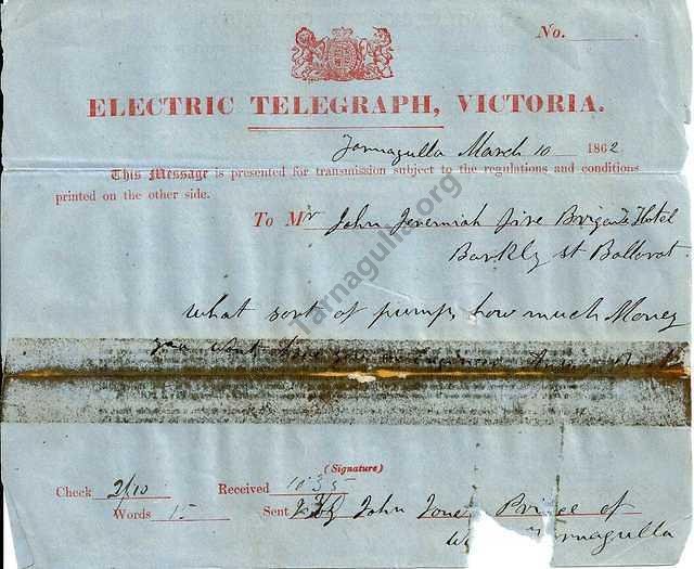 Historic telegram dated 10 March 1862 from John Jones